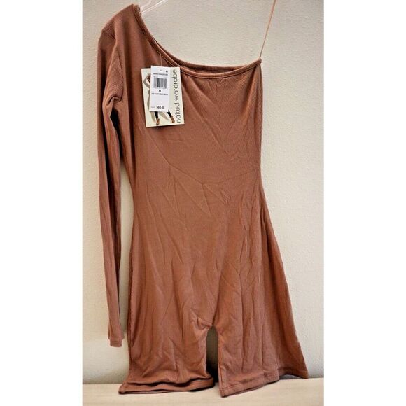 Naked Wardrobe NW-J1183 Women's Sz M Coco Brown One-Shoulder Ribbed Romper - Picture 2 of 11